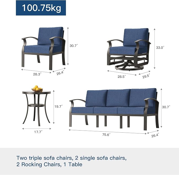 Kullavik Aluminum Patio Furniture Set,8 Piece Modern Metal Outdoor Patio Furniture w/5.1'' Thick Cushion,Swivel Chairs and Rectangular Coffee Table,Patio Conversation Sets for Porch,Deck,NavyBlue