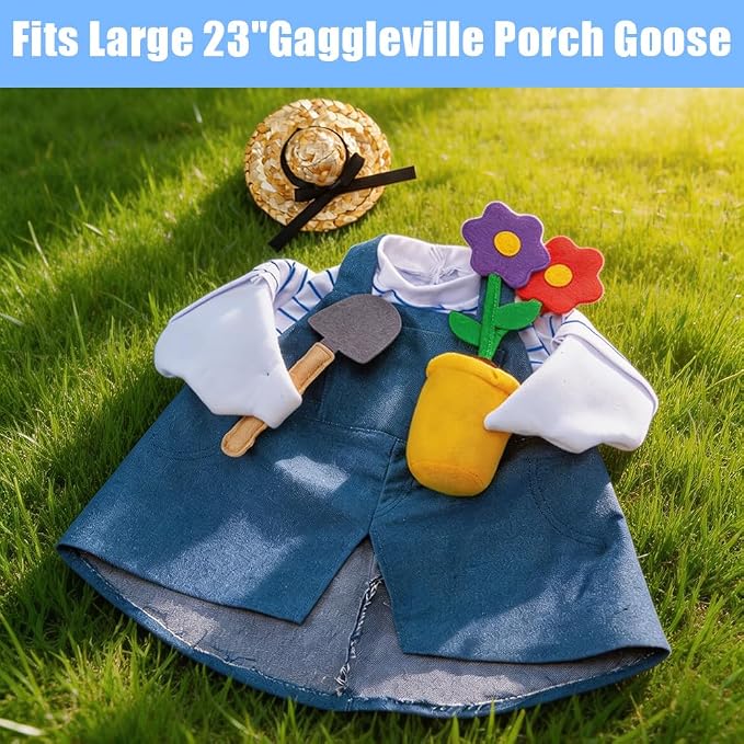 Gardener Goose Outfit, Fits Large 23" Goose Statue,Porch Goose Clothes with Hat, Flower Pot and Tiny Shovel Design, for Spring Summer Outdoor Garden Decor