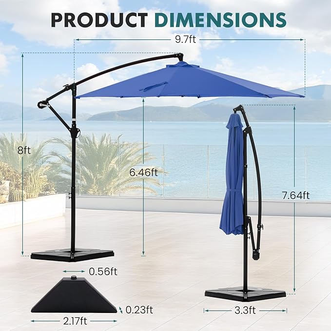 OLIXIS 9.8FT Offset Patio Umbrella with Base, Cantilever Table Umbrellas for Outdoor Sun Shade UV Protection with Easy Tilt Adjustment, 8 Ribs for Backyard, Lawn, Garden, Pool