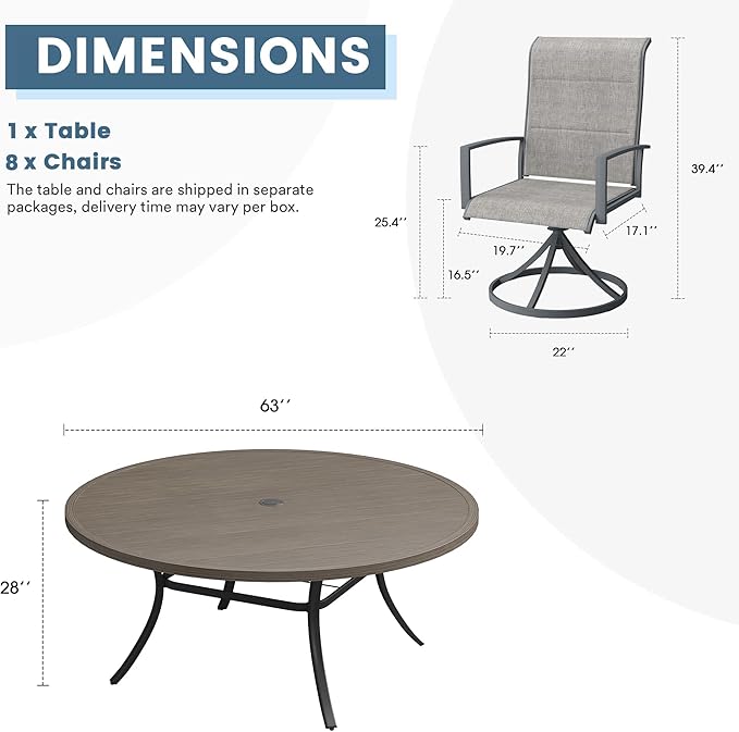 DIFY 9 Piece Outdoor Patio Dining Set for 8, 63" Grey Wood-Like Round Metal Dining Table and Swivel Patio Chairs with Grey Padded Textilene, All-Weather Outdoor Furniture Set for Garden Backyard