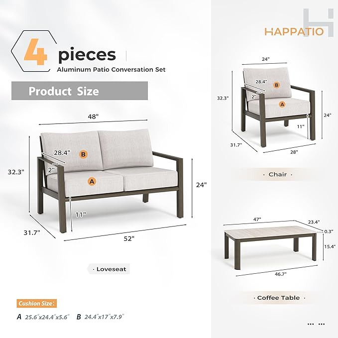 HAPPATIO Patio Conversation Set, 4-Piece Aluminum Oversized Patio Furniture Set with Rope Woven Backrest, 2 Chairs and Loveseat with Thick Cushion, Hand-Brushed Frame for Yard, Porch, Balcony