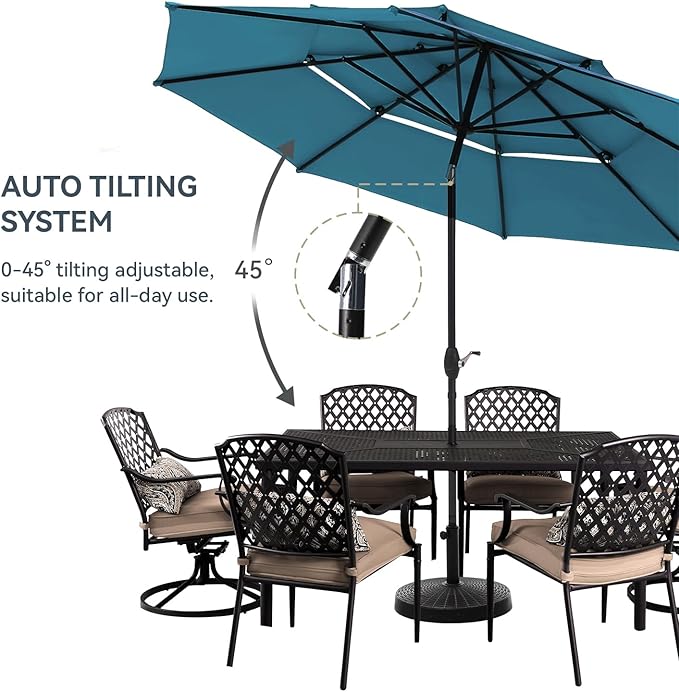 GREEN PARTY 10ft Outdoor Patio Umbrella, [Auto-Tilting] 3 Tiers Market Table Umbrellas with 1.5" Pole, 8 Sturdy Ribs, 3-Year-Non-Fading for Garden Deck Pool Backyard, Cerulean