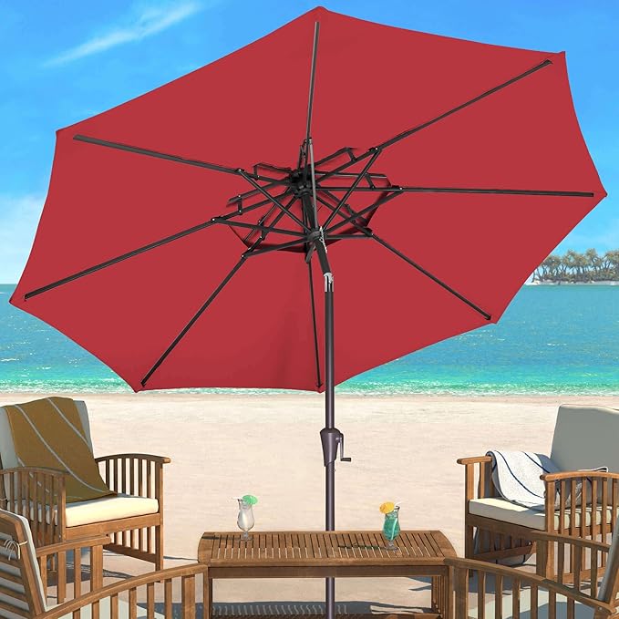 9FT Outdoor Patio Umbrella - 2 Tiers Table Umbrella Waterproof UV Protection, Sombrillas de Patio with Push Button Tilt, Sun Umbrella for Pool, Porch, Garden, Backyard (Red)