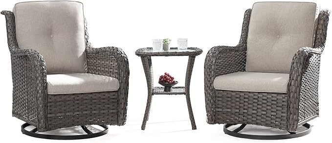 Outdoor 360 Degree Swivel Rocker Patio Chairs Set of 2 and Matching Side Table - 3 Piece Patio Wicker Glider Chairs with Olefin Cushion(Mixed Grey/Beige)