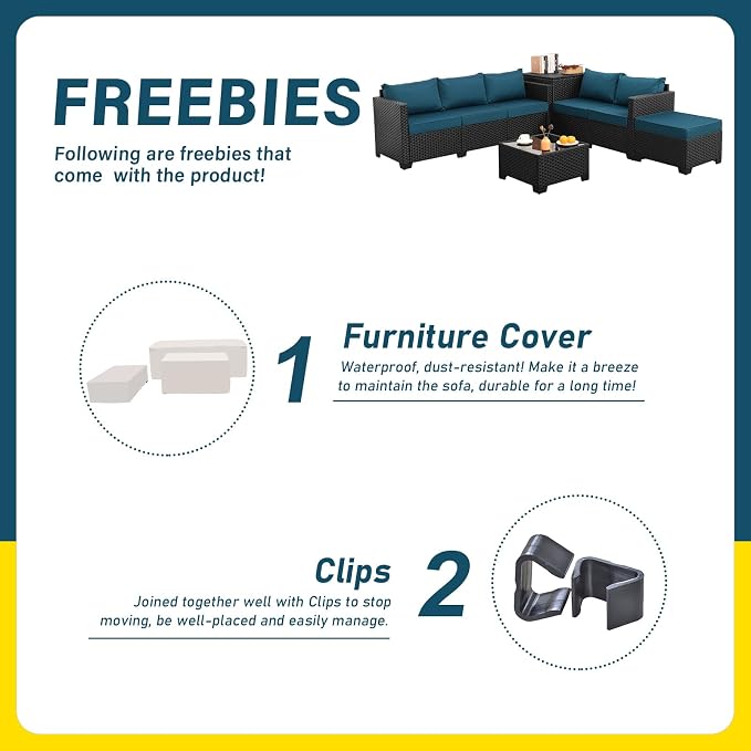 Valita Patio Furniture Set with Storage Box 5 Pieces Black Wicker Outdoor Couch Sectional with Glass Table and Non-Slip Cushions and Furniture Covers, Peacock Blue