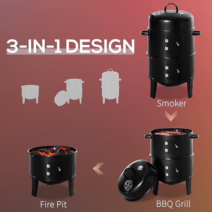Outsunny Vertical Charcoal BBQ Smoker, 3-in-1 16" Round Charcoal Barbecue Grill with 2 Cooking Area, and Thermometer for Outdoor Camping Picnic Backyard Cooking, Black
