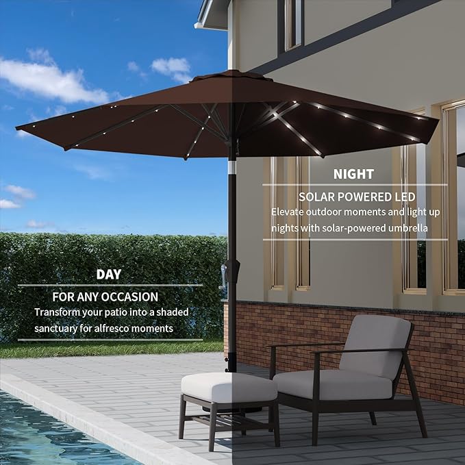 9FT Patio Umbrella with Solar Lights,Outdoor Market Umbrella with Tilt and Crank, LED Lighted Table Umbrella for Garden,Deck,Backyard,Pool,Beach (Brown)