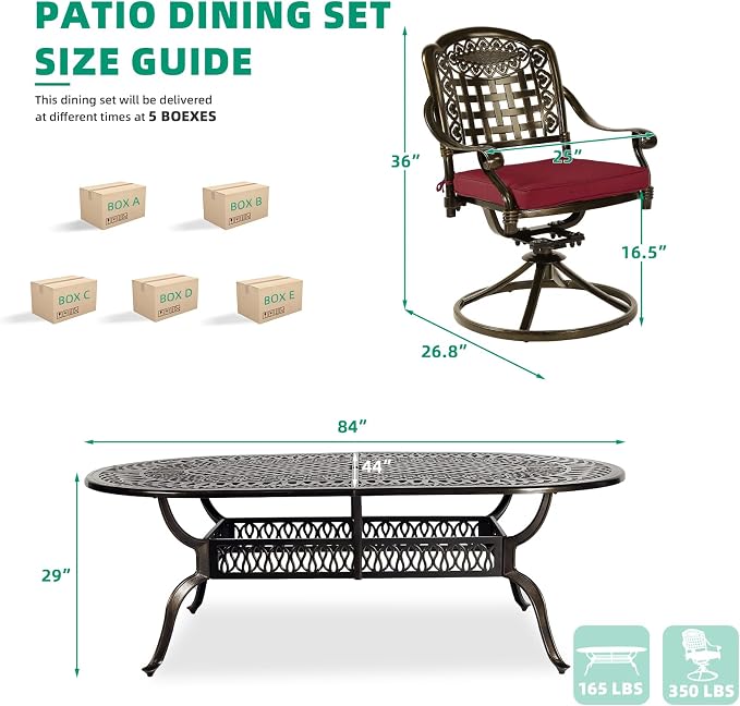 VIVIJASON 9-Piece Outdoor Patio Furniture Dining Set, All-Weather Cast Aluminum Conversation Set, Include 8 Swivel Dining Chairs and an Oval Table with Umbrella Hole for Garden Backyard, Red Cushion