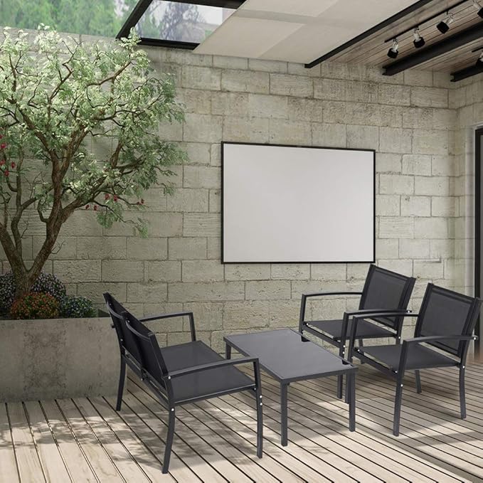 Henf 4 Pieces Patio Conversation Set, Outdoor Patio Furniture Set with Tempered Glass Coffee Table & Textilene Fabric/Iron Sofa for Porch Garden Poolside, Black