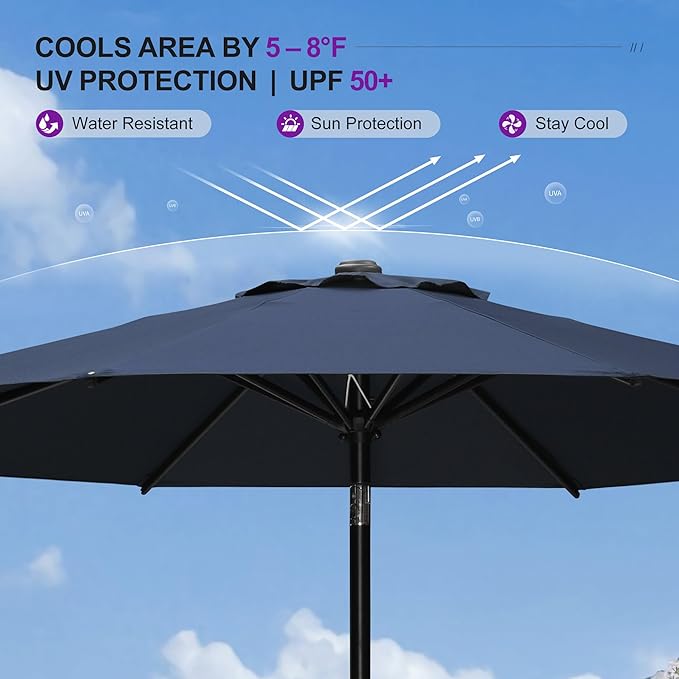 PURPLE LEAF 7.5' Round Patio Umbrella Outdoor Table Umbrella Aluminum Frame Market Umbrella with 8 Sturdy Ribs & Tilt for Garden Deck Lawn Pool Navy Blue