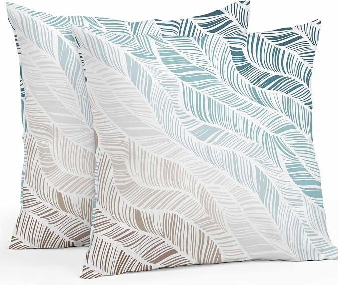 Vandarllin Outdoor Throw Pillows Covers 24x24 inch Set of 2 Waterproof Summer Beach Decorative Zippered Cushion Covers for Patio Furniture, Ombre Blue Abstract Leaf Lines Lumbar Pillowcases