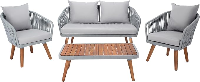 SAFAVIEH PAT7074A Outdoor Ransin Rope 4-Piece Seat Cushions and Pillows Included Patio Set