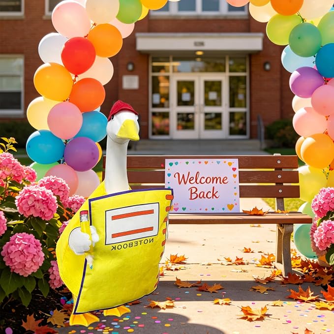 Back to School Notebook Porch Goose Outfit for 23 Inch Lawn Goose Statue | Cute Yellow NoteBook Student Goose Clothes；School Porch Goose Outfit；School Classroom Outdoor Garden Yard Patio Statue Decor