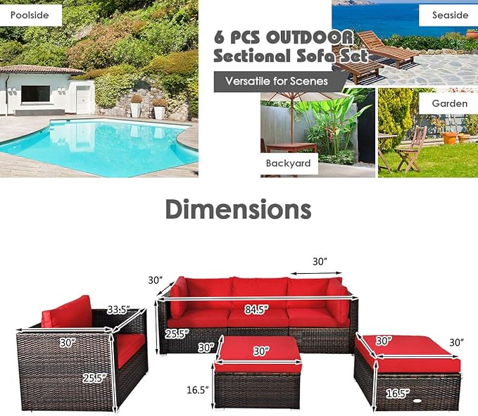 HAPPYGRILL 6PCS Patio Conversation Set Outdoor Furniture Set Rattan Wicker Sectional Sofa Set with Soft Cushions Coffee Table Ottoman for Backyard Garden Poolside