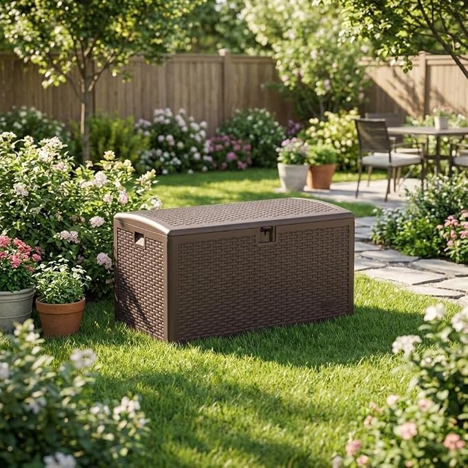 73 Gallon Blow-Molded Outdoor Storage Box – Lockable, Waterproof & UV-Resistant Storage Chest for Patio Cushions, Garden Tools, Pool Accessories & Outdoor Toys, Brown