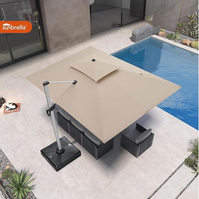 PURPLE LEAF 10' X 13' Cantilever Outdoor Patio Umbrella Large Heavy Duty 360° Rotation Double Top Offset Rectangular Umbrellas for Backyard Deck Pool, Spectrum Sand