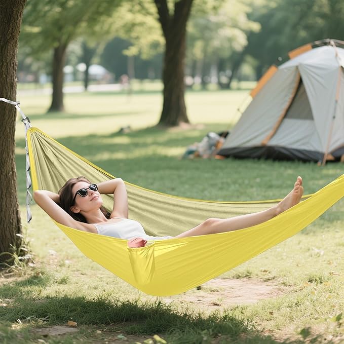 Yellow Solid Color Camping Hammock, Portable Lightweight Single Hammock with Tree Straps and Aluminum Carabiners, 114" x 54" Travel Hammock for Hiking Backpacking Beach