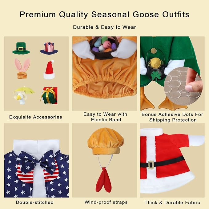 8 Set Porch Goose Outfits Holiday Goose Clothes for 23 Inch Goose Statue | Weather-resistant Polyester, Elastic Snug Fit, Seasonal Goose Outfits, Halloween, Christmas, All Holiday Themes, Patio Decor