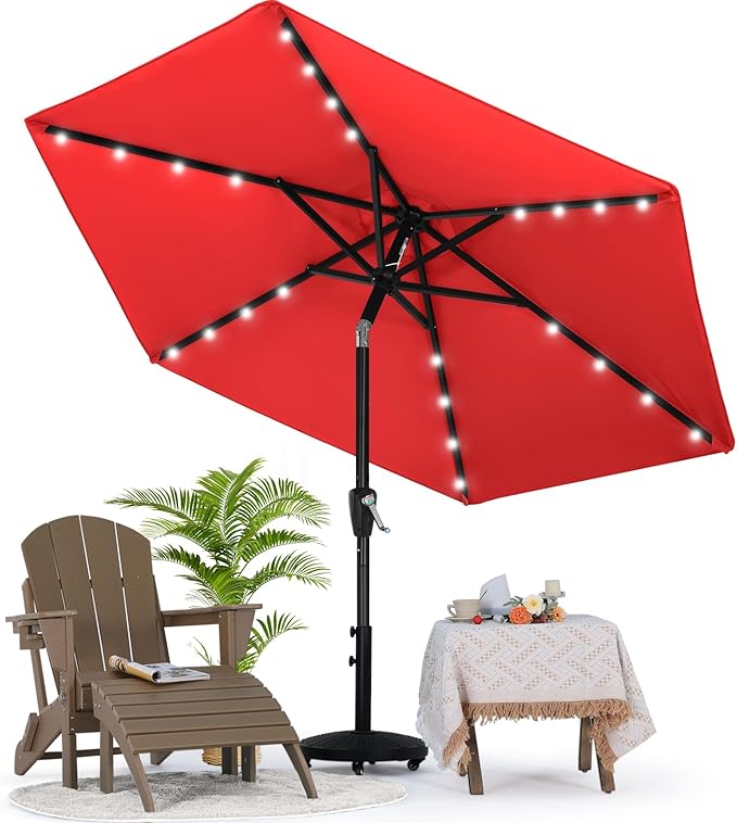 MASTERCANOPY 7.5FT 6Ribs Patio Umbrella with 32 Solar LED Lights, Outdoor Market Umbrella with Tilt & Crank, UV Protection & Fade Resistant Fabric, Easy Set-Up for Garden, Deck, Pool (Red)