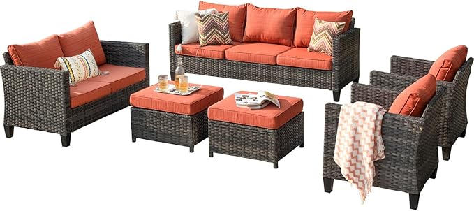 HOOOWOOO 6-Piece Luxury Patio Furniture Set–Comfortable Outdoor Rattan Sofa Set with Loveseat, 2 Chairs, 2 Ottoamns, Weather-Resistant Patio Conversation Set for Deck, Garden, Balcony (Orange Red)