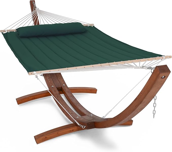 SUNCREAT 2 Person Hammocks for Outside with Stand, Extra Large Double Hammock with Wooden Stand, Dark Green