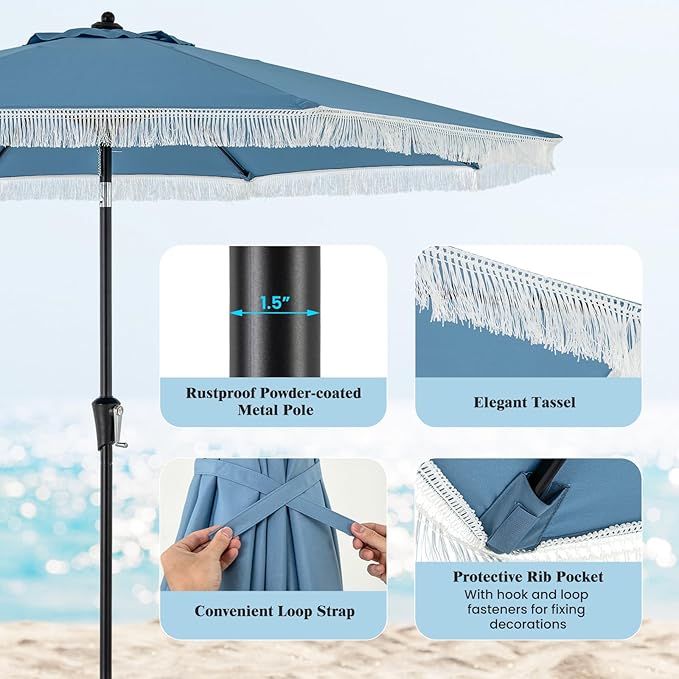 Tangkula 9Ft Patio Umbrella with Fringe, 2-Tier Outdoor Boho Umbrella with Tassels, Crank Handle, Push Button Tilt, Sun-Protective Canopy, 8 Ribs for Deck Backyard Poolside
