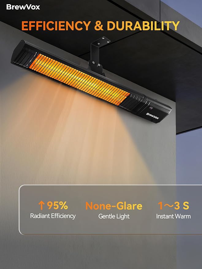 1500W Carbon Infrared Electric Outdoor Patio Heater, 9 Level Instant Warmth, Smart App-Controlled Remote On/Off, IP65 Weatherproof, 24H Timer for Living Room, Bedroom, Garage