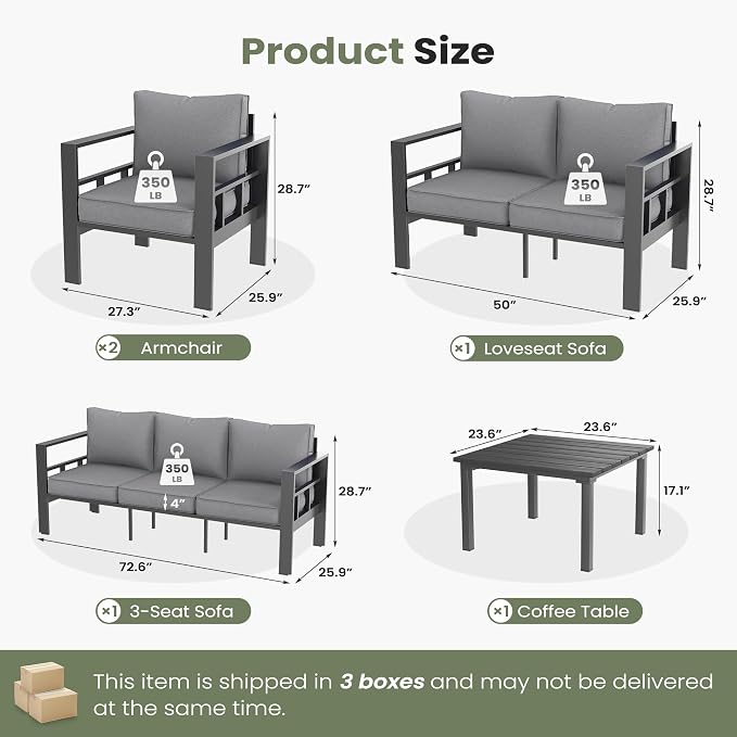 5 Piece Aluminum Patio Furniture Set, Thick Cushions, Aluminum Outdoor Sectional Conversation Set with Coffee Table for Porch, Backyard, Deck(Grey/Light Grey)