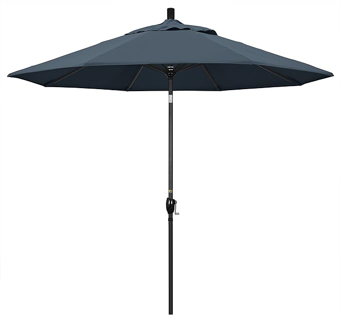 California Umbrella 9' Round Aluminum Market Umbrella, Crank Lift, Push Button Tilt, Black Pole, Pacifica