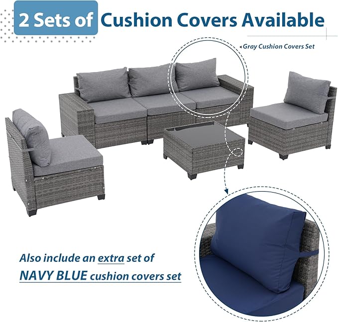 JOIVI 6 Pieces Outdoor Patio Furniture Set, Rattan Patio Conversation Set with Coffee Table, L-Shaped Wicker Outdoor Sectional Sofa Set with Wide Armrest and Cushions for Garden, Deck, Porch, Gray