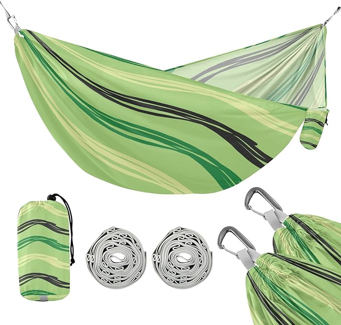 Qilmy Green Black Lines Camping Hammock Single – 330 lbs Capacity, Lightweight with Tree Straps & Carabiners, Portable for Hiking, Travel, Backpacking