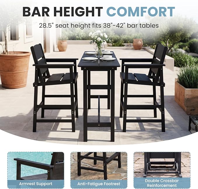 HDPE Outdoor Bar Height Chairs Set of 6, 28.5" Seat All-Weather High Top Patio Stools with Backrest, Heavy Duty Patio Bar Stools with Arms, High Top Outdoor Chairs for Deck/Party/Pool, Black