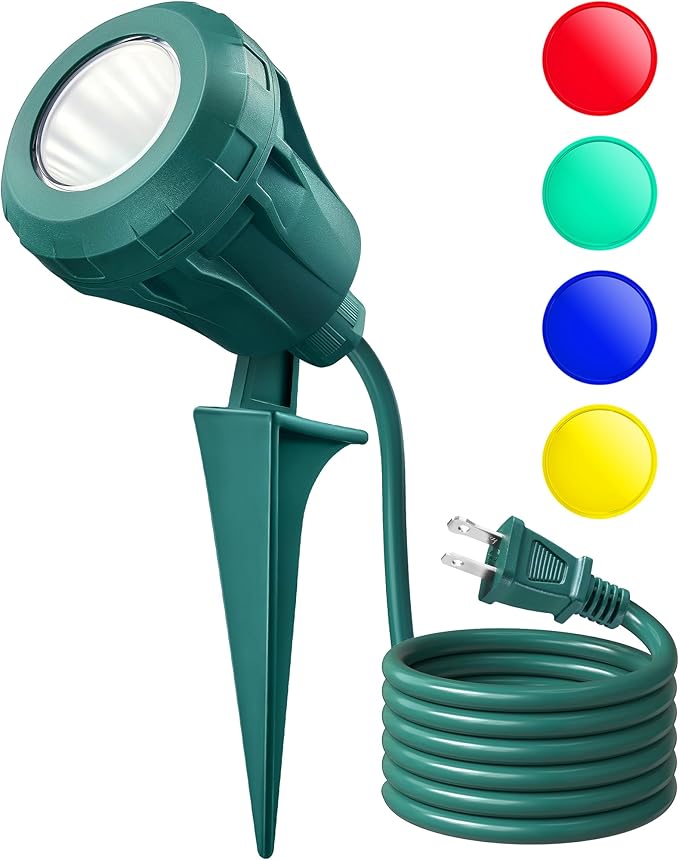 SURAIELEC Christmas Spotlight Outdoor, Create Stunning Holiday Decor with 4 Color Lenses (Red Green Blue Yellow), 800 LM Waterproof LED Landscape Light for Yard, House, Trees, 5 FT Cord, ETL Listed