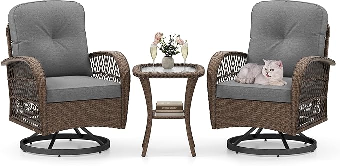 HAPPYGRILL 3 Pieces Outdoor Rattan Swivel Rocker Chairs Set with Tempered Glass Side Table, Outside Sectional Patio Conversation Furniture Set with Swivel Rocking Chairs for Deck Porch Garden (Grey)