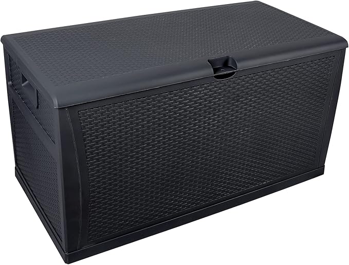 Leisurelife Plastic Deck Box Wicker 120 Gallon, Black Water-resistant Storage Container Outdoor Patio Garden Furniture