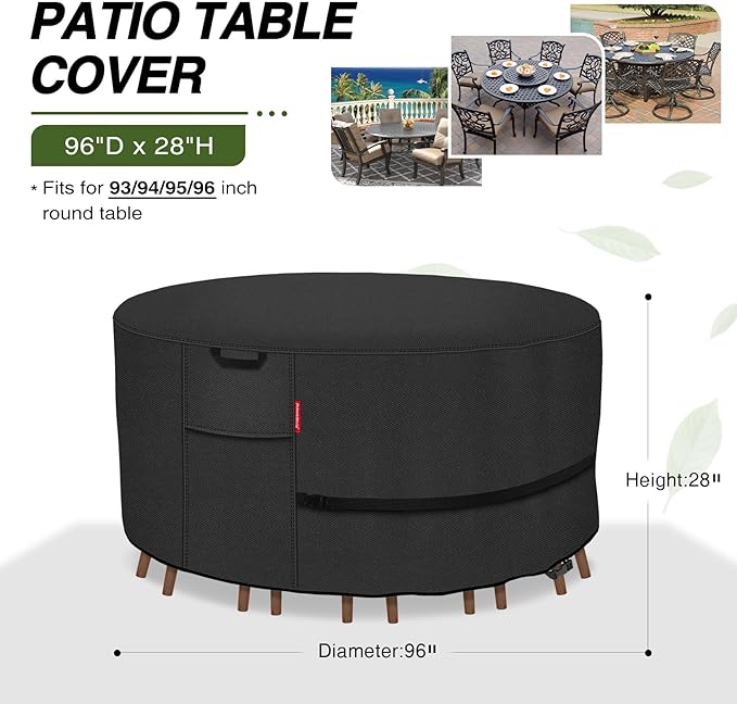 Porch Shield Round Patio Furniture Cover - Waterproof 600D Heavy Duty Outdoor Table and Chairs Cover 96 inch, Black