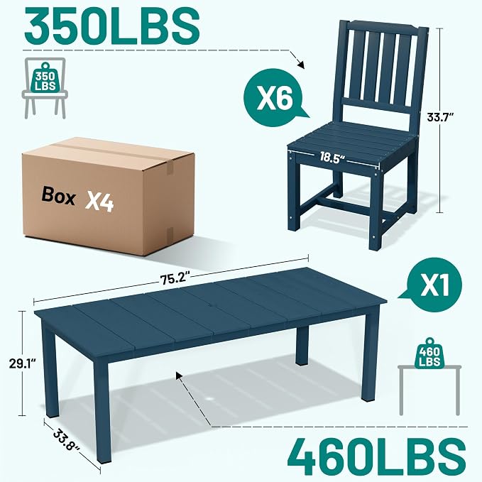 PLUUV 7-Piece Outdoor Dining Set – HDPE Patio Furniture with Umbrella Hole Table, Aluminum Legs, and 6 Armless Chairs, Weatherproof & Easy-Clean for Backyard, Garden, Navy Blue