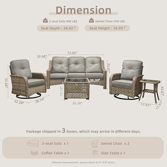 Outdoor Patio Furniture Set, 5-Piece PE Wicker Sofa with Shiny Table and Swivel Chairs, Outdoor Conversation Set for Patio, Garden, Backyard Dark Gray