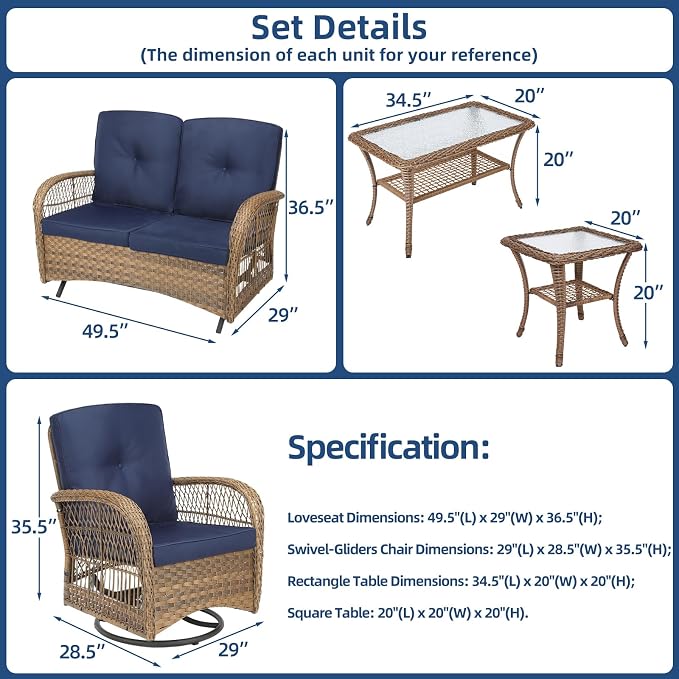 5-Piece Wicker Patio Furniture Sets Outdoor All-Weather Rattan Conversation Set Includes Glider Loveseat, 2 Glass-Top Coffee Tables, 2 Swivel Rocking Chairs for Porch Backyard, Navy Blue