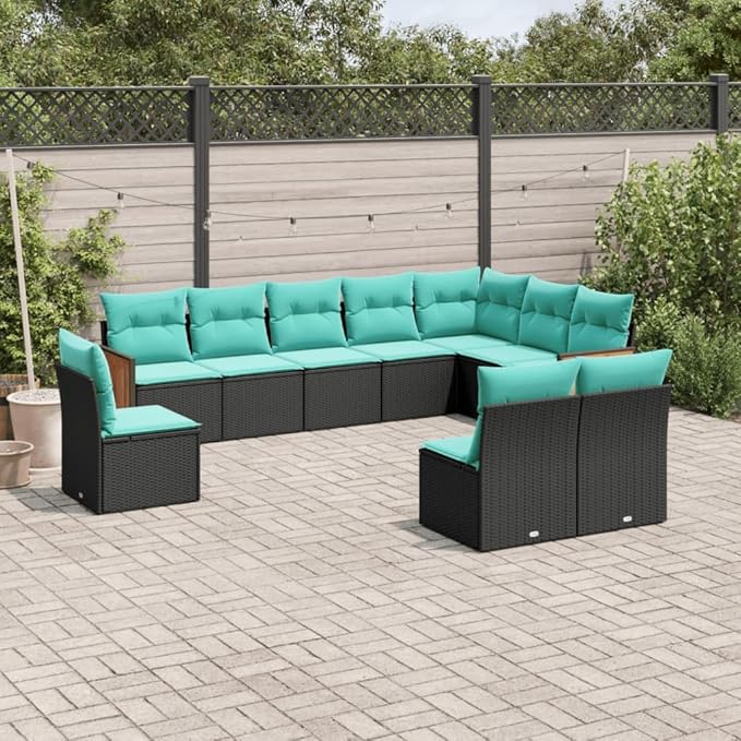 10 Piece Patio Sofa Set with Cushions, Patio Conversation Set Porch Furniture Set Garden Lounge Set Sectional Sofa for Garden Piazza Exhibition Negotiation Area Black Poly Rattan