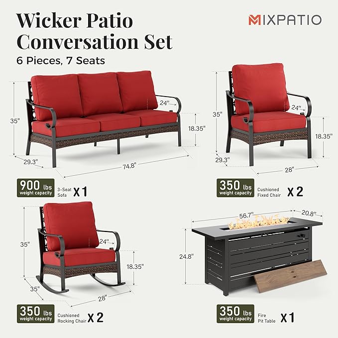 Patio Furniture Set with Fire Pit Table, Metal Outdoor Conversation Set with 2 x Fixed Chairs, 2 x Rocking Chairs, 1 x 3-Seat Sofa for Lawn Garden Backyard, Red