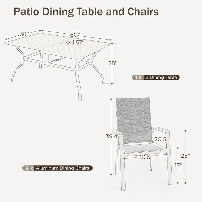 PHI VILLA 7 PCS Patio Dining Set, Aluminum Outdoor Furniture, Patio Table and Chairs for 6, Lightweight Stackable Chairs and Large Metal Dining Table with 1.57" Umbrella Hole for Garden Deck, Blue