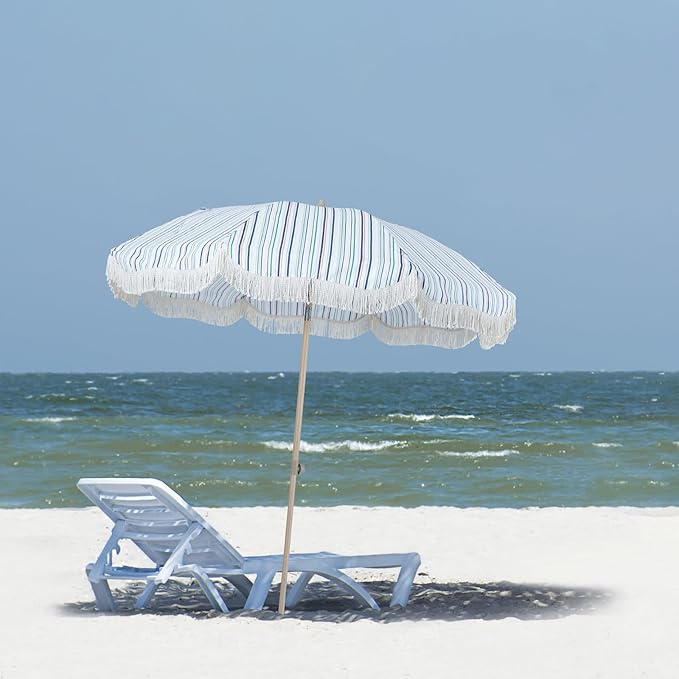 Tempera 7ft Boho Beach & Patio Umbrella with Fringe, Market Umbrellas with UPF 50+ UV & Water-Resistant Canopy, 1.5" Wood Pole & Button Tilt.