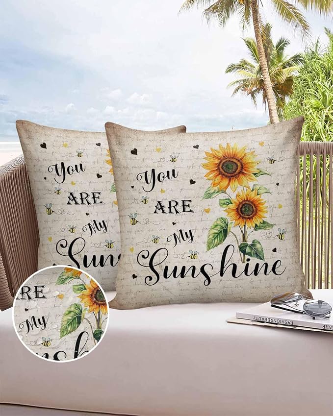 Sunflower Outdoor Waterproof Throw Pillow Covers 26"x26" Set of 2, Sunflower Bee Old Newspaper Background Decorative Garden Pillowcase with Zipper Retro Farmhouse Cushion Case for Patio Couch Tent