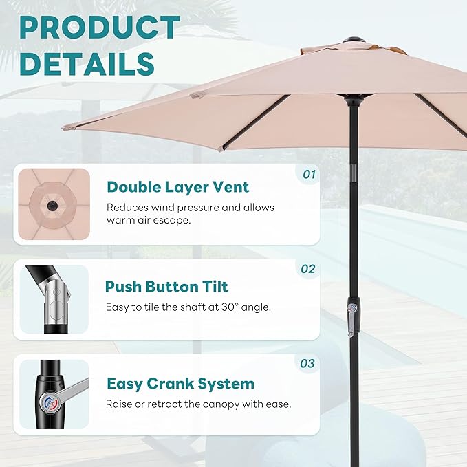 OLIXIS 9Ft Patio Umbrella with Tilt and Crank Button & Sturdy Ribs Waterproof, Patio Table Umbrella Perfect for Poolside, Terrace, Beach and Outdoor Restaurant