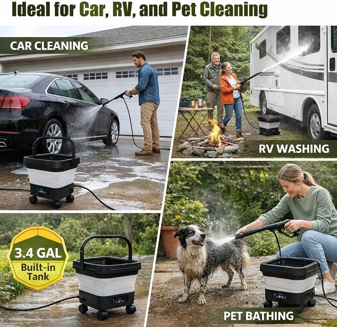 Portable Cordless Washer with 3.4Gal Tank, 580PSI, 7-Level Adjustable Sprayer, 360° Rotating Nozzle, 23FT Hose, 20000mAh Battery, Foldable Design with Wheels for Car, Camping, Garden