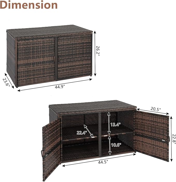 Henf Outdoor Wicker Storage Box Patio Rattan Deck Box with Double Doors & Shelf, All Weather Patio Furniture Storage Organizer for Storing Tools, Accessories and Toys (Brown)