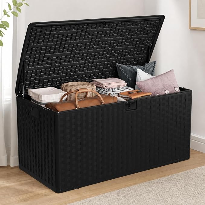 Patikuin 100 Gallon Outdoor Deck Storage Box with Hydraulic Gas Struts, Waterproof Resin Patio Container with Lockable Lid, Soft-Close, Handles & 2-Seat Bench for Garden Tools, Cushions, Black