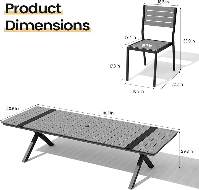 Pellebant 13 Piece Patio Table and Chairs Set for 12, Aluminum Outdoor Dining Set, Stackable Dining Chairs with Armless & 118" Dining Table, Grey
