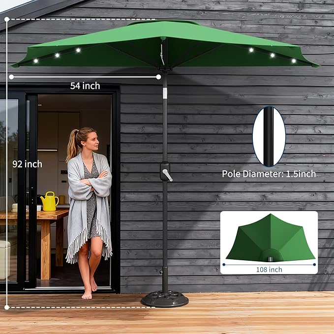 Garvee Patio Umbrella 9FT - Half Umbrella Outdoor with Solar LED Lights and Smooth Crank Lift, Outdoor Shade Canopy for Patio, Backyard, Garden, Deck, Balcony -Dark Green
